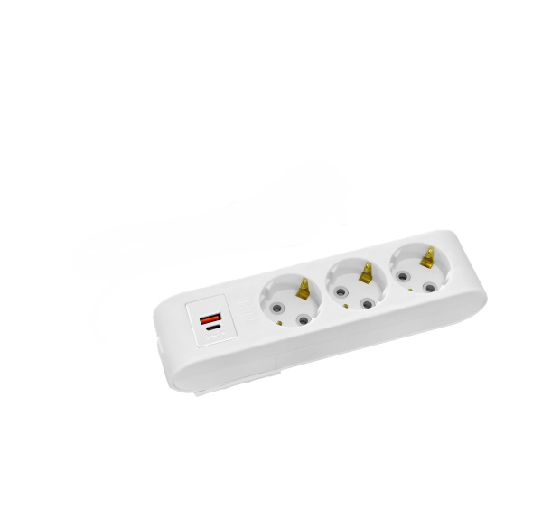Rozešu  bloks Horoz, DECO, 3-viet., a/z, balts, ar USB un Type-C, (36)