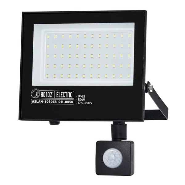 Prožektors LED, Horoz, ASLAN-S, 50W, 5500lm, 4200K, IP65, melns, 8m MAX, alumīnijs, ar sensoru, (16)